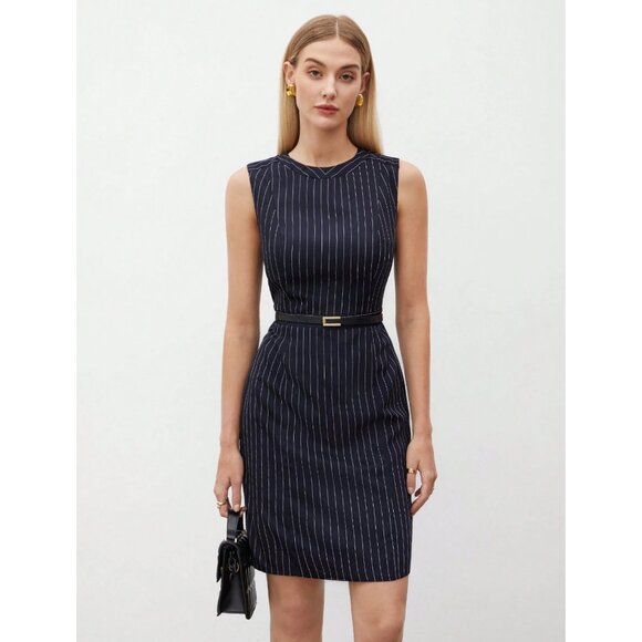 Navy Blue Short Sleeve Midi Dress Round Neckline Minimalist Business - Picture 1 of 2